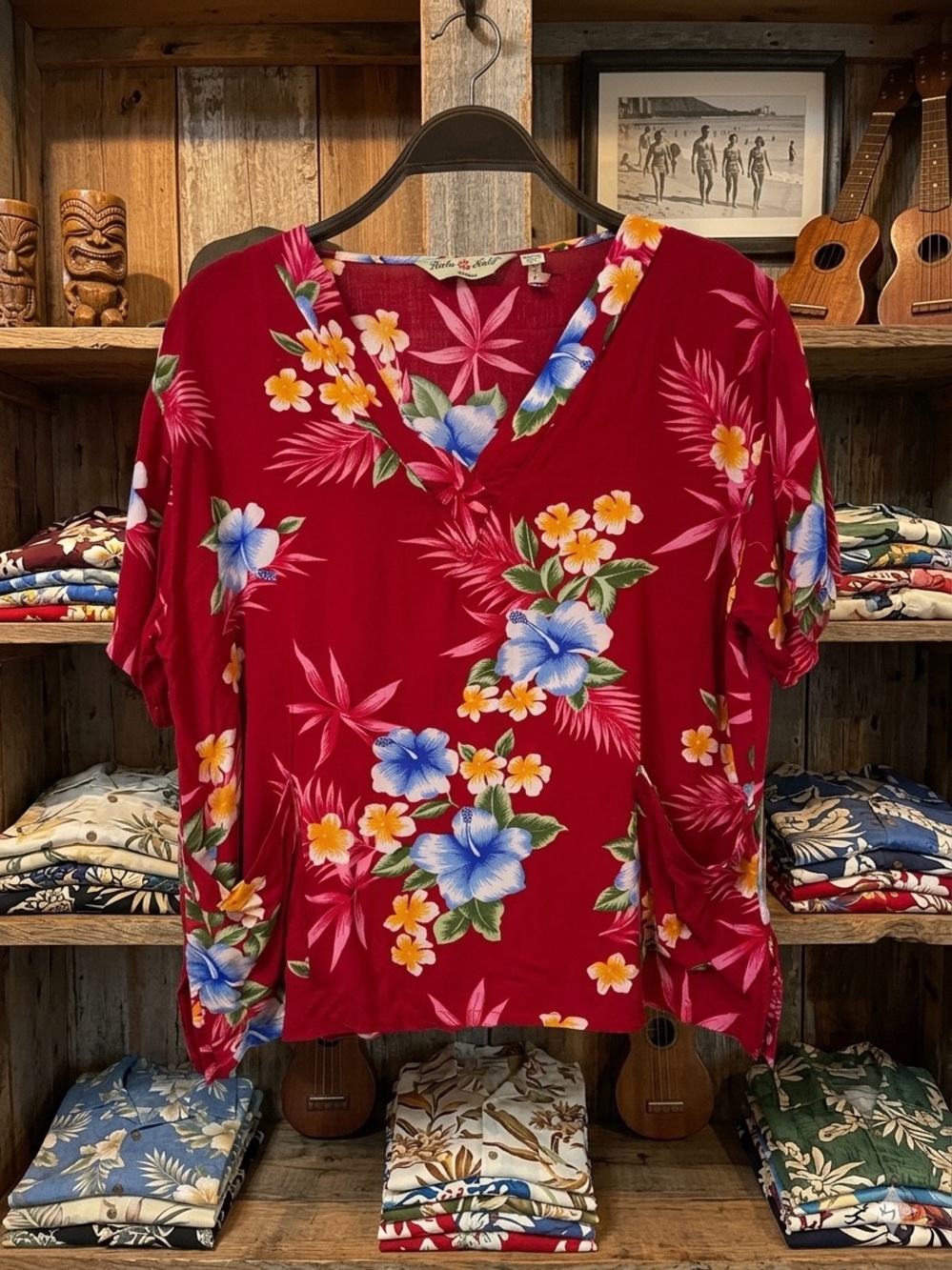 Hawaii Made Hawaiian Top Tropical Floral V-Neck Tunic - Red Size M